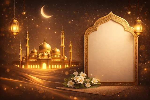 Golden Mosque and Ramadan Lanterns Night Background
