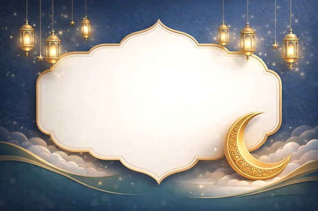 Islamic Frame with Golden Crescent and Lanterns