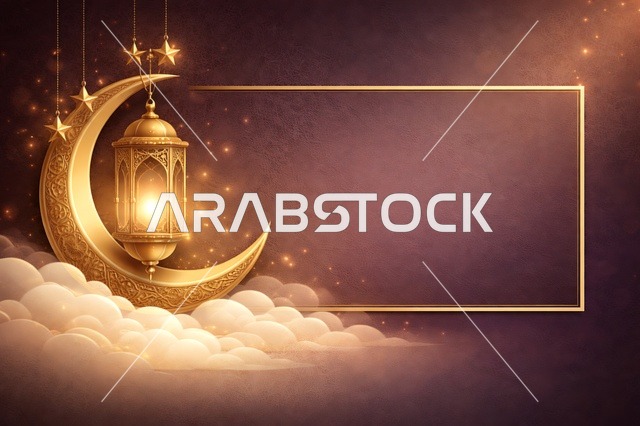 فانوس رمضان وهلال ذهبي مع إطار