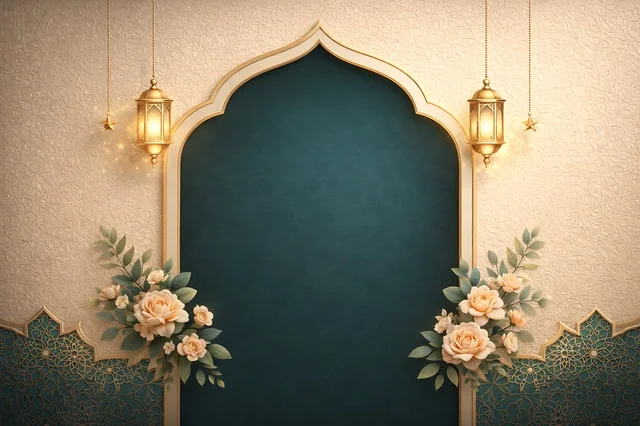 Islamic Arch Background with Golden Lanterns and Flowers Islamic Arch Background with Golden Lanterns and Flowers