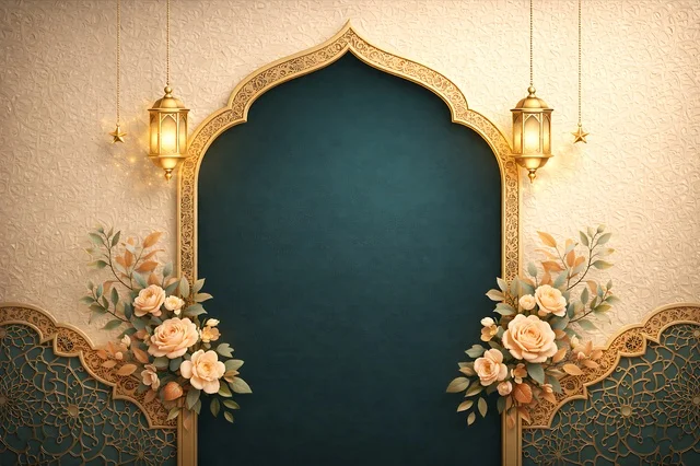 Islamic Archway with Gold Lanterns and Floral Decor