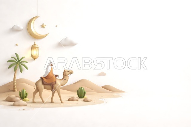 3D Arab Man on Camel with Crescent Moon and Lantern