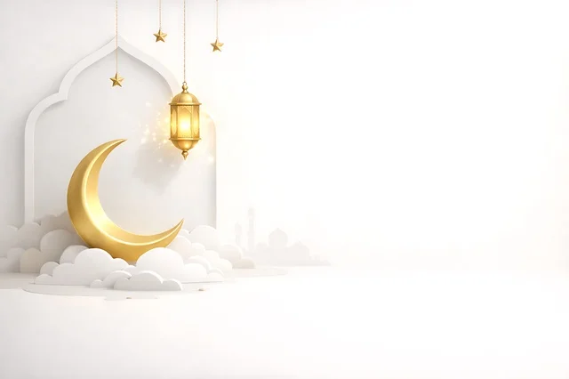 Golden Ramadan Crescent and Lantern on White Background