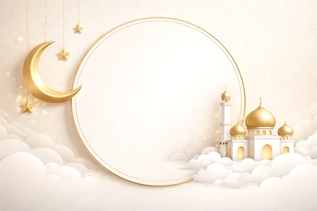 Islamic Circular Frame with Gold Moon and Mosque