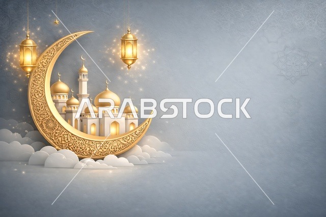 Golden Crescent Moon with Mosque and Ramadan Lanterns