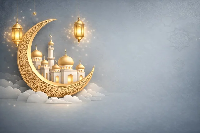 Golden Crescent Moon with Mosque and Ramadan Lanterns