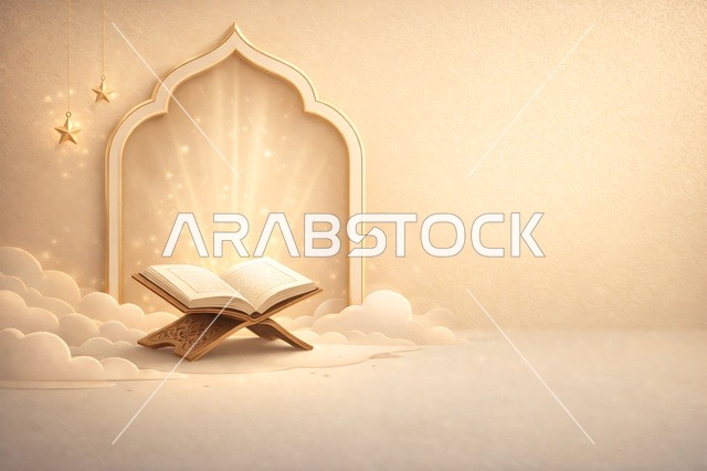 مصحف مفتوح على حامل خشبي بخلفية إسلامية ذهبية