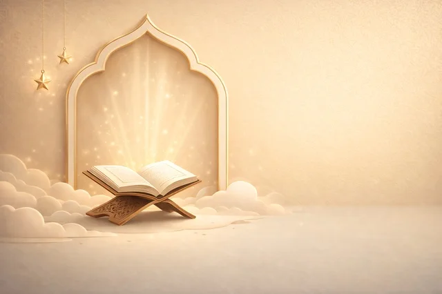Open Quran on Wooden Stand with Golden Islamic Arch