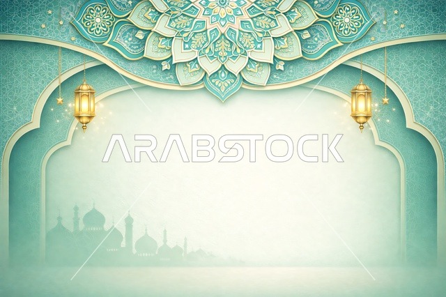 Islamic Background with Gold Lanterns and Arabesque