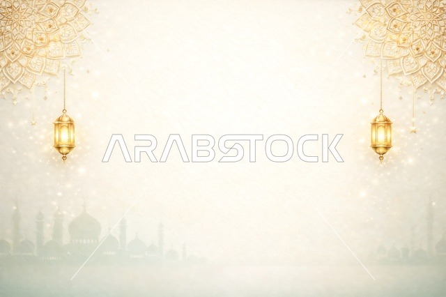 Islamic Background with Gold Lanterns and Mosque Silhouette