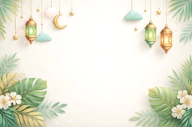 Ramadan Background with Lanterns and Tropical Leaves