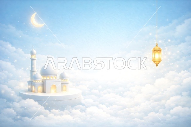 3D Mosque Model in Clouds with Ramadan Lantern and Moon