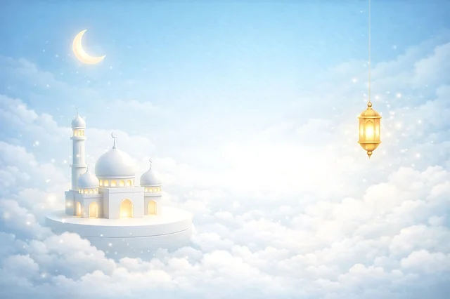 3D Mosque Model in Clouds with Ramadan Lantern and Moon