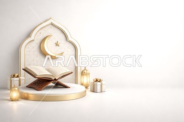 Open Quran on Podium with Ramadan Decorations