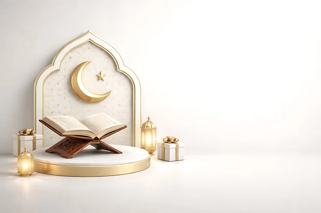 المصحف الشريف على منصة مع ديكورات رمضانية