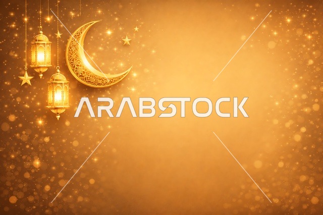 خلفية رمضان ذهبية مع فوانيس وهلال مضيء