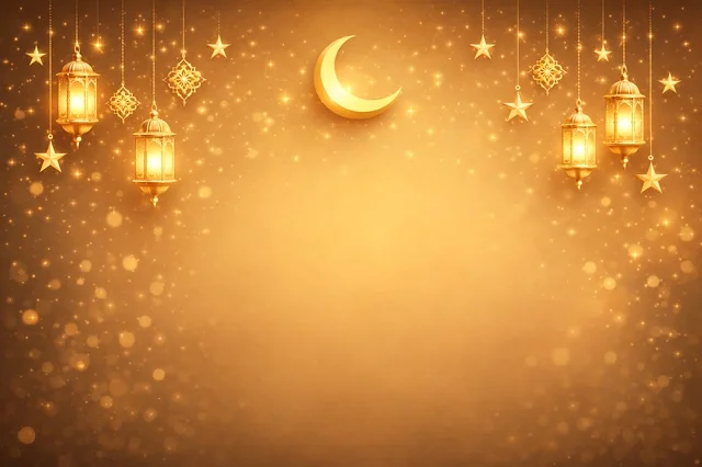 Golden Ramadan Background with Lanterns and Moon