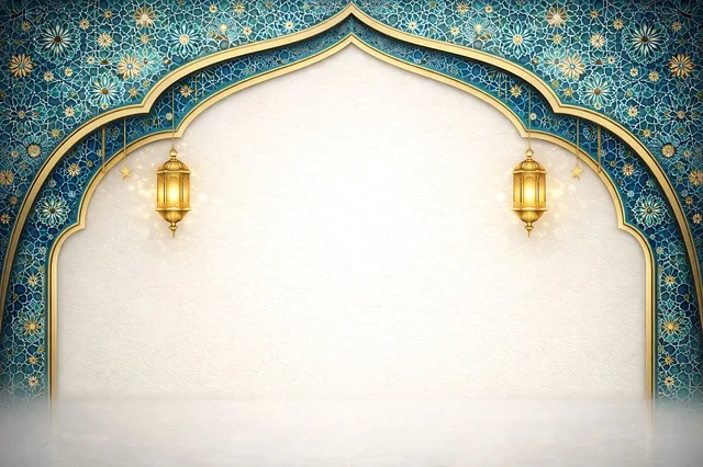 Islamic Arch Ramadan Background with Gold Lanterns