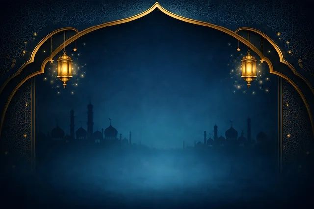 Islamic Ramadan Background with Gold Lanterns and Mosque