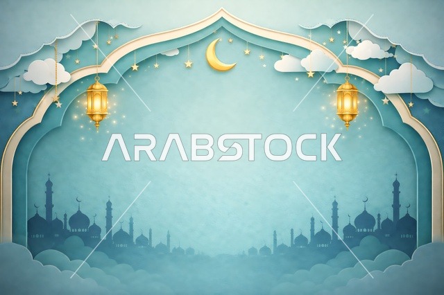 Islamic Ramadan and Eid Background with Lanterns and Mosque