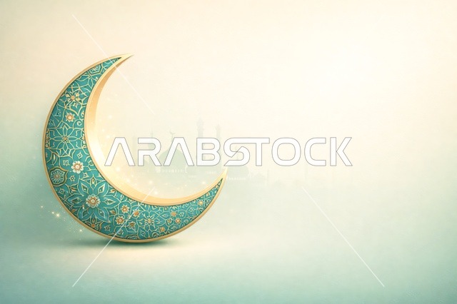 هلال ذهبي مزخرف مع ظلال مساجد لخلفية رمضان