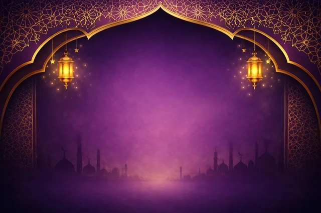 Islamic Ramadan Background with Purple Arch and Lanterns