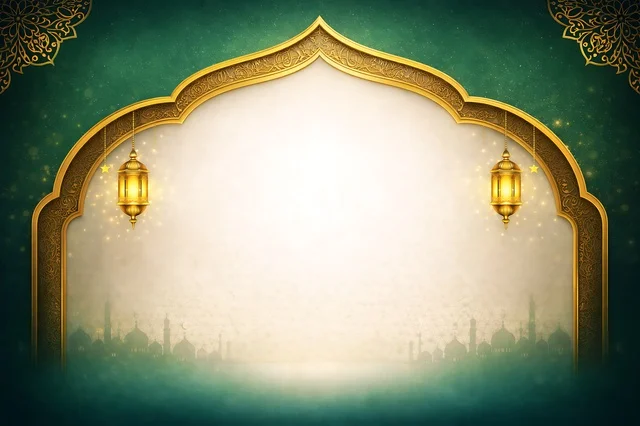 Islamic Ramadan Background with Golden Arch and Lanterns