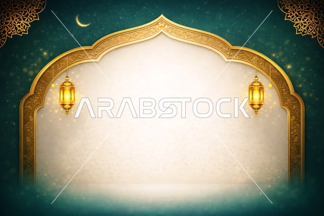 Islamic Ramadan Background with Golden Arch and Lanterns