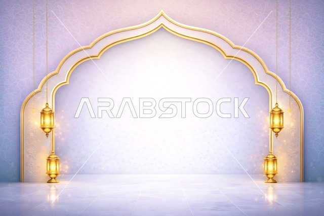 خلفية قوس إسلامي مع فوانيس ذهبية متوهجة