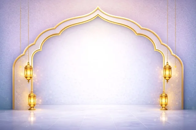 Islamic Arch Backdrop with Glowing Golden Lanterns