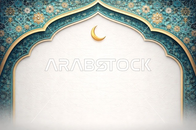 خلفية إسلامية لشهر رمضان مع هلال ذهبي وقوس مزخرف
