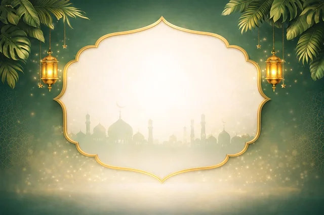 Islamic Ramadan Frame with Mosque Silhouette and Lanterns