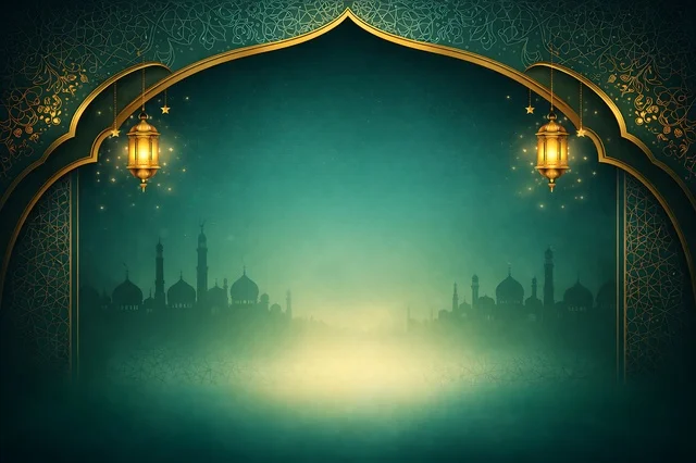 Islamic Ramadan Background with Golden Lanterns and Mosque