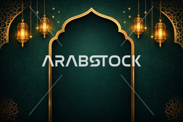 خلفية رمضان والعيد مع قوس ذهبي وفوانيس
