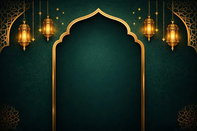 Ramadan Eid Background with Golden Arch and Lanterns