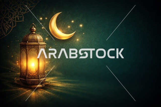 Arabic Ramadan Lantern and Golden Crescent Moon