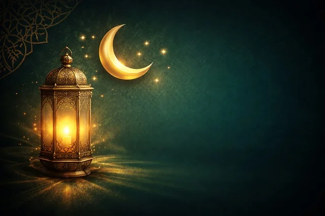 Arabic Ramadan Lantern and Golden Crescent Moon