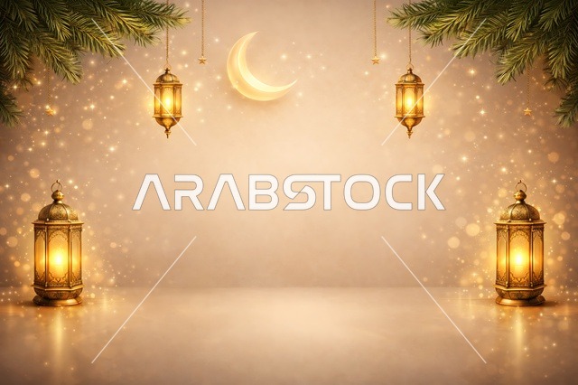 Islamic Ramadan Background with Gold Lanterns and Moon