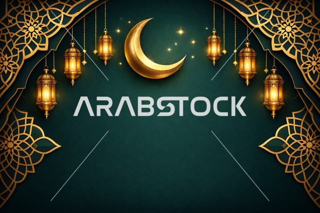 خلفية رمضان مع هلال وفوانيس ذهبية