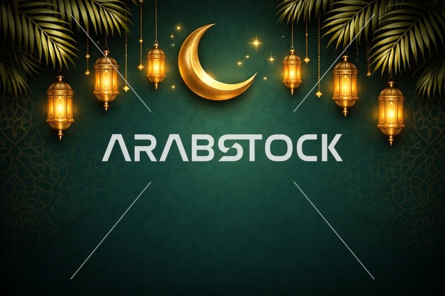 Islamic Ramadan Background with Gold Crescent and Lanterns