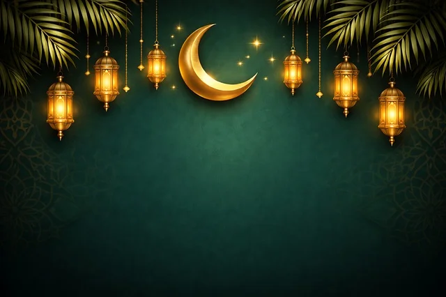 Islamic Ramadan Background with Gold Crescent and Lanterns