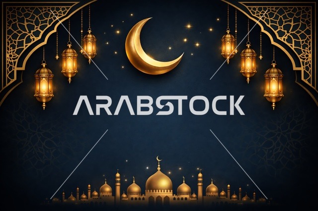 خلفية رمضان وعيد مع هلال ذهبي ومسجد