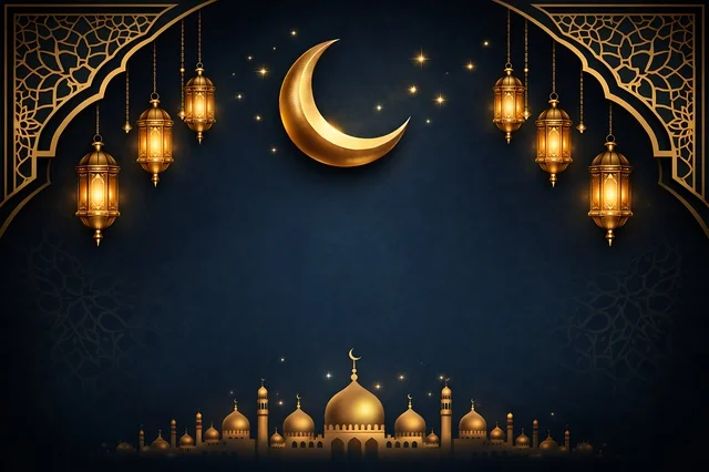 Ramadan Eid Background with Golden Crescent and Mosque