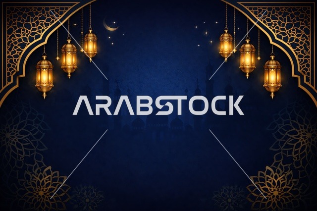 خلفية رمضان مع فوانيس ذهبية وصورة ظلية للمسجد