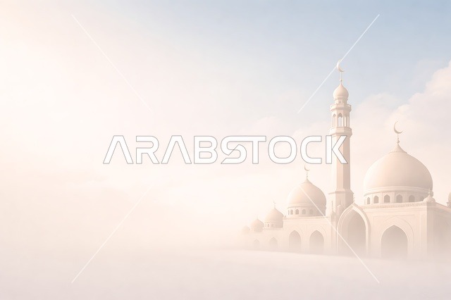 خلفية مسجد أبيض في الضباب لتصاميم رمضان