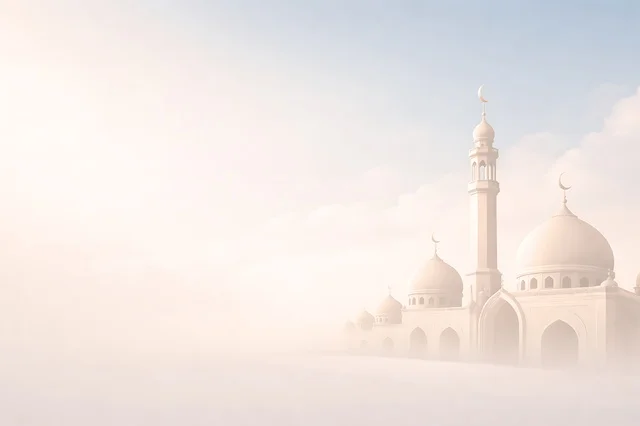 خلفية مسجد أبيض في الضباب لتصاميم رمضان