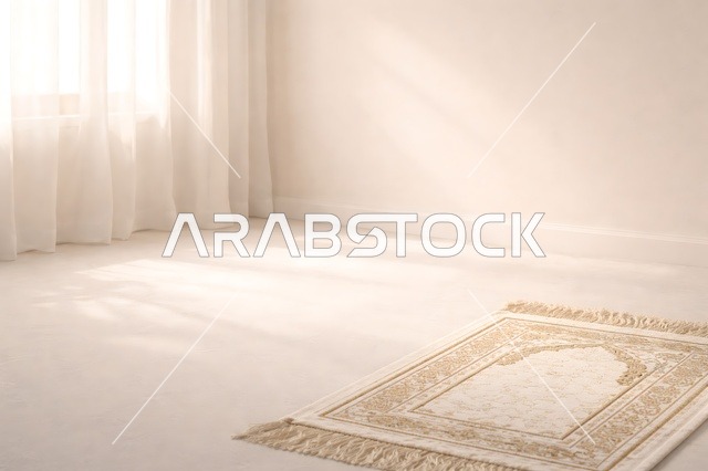 سجادة صلاة في غرفة بيضاء مع إضاءة طبيعية