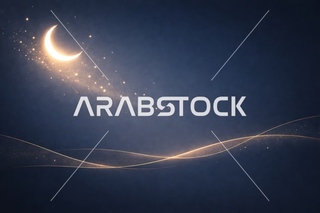 هلال ذهبي متوهج على خلفية رمضان زرقاء