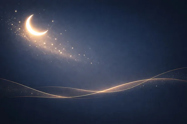 Glowing Crescent Moon on Blue Ramadan Background