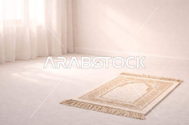 سجادة صلاة إسلامية في غرفة داخلية مشرقة وبسيطة